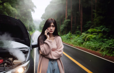 A woman's car breaks down on the forest road and calls for help.generative aiの素材