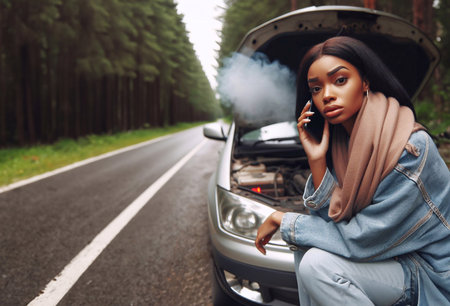 A woman's car breaks down on the forest road and calls for help.generative aiの素材