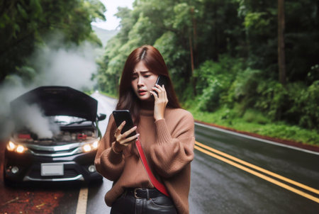 A woman's car breaks down on the forest road and calls for help.generative aiの素材