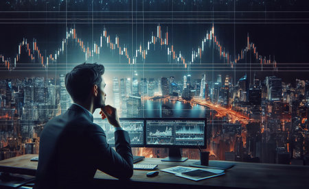 A trader seen from behind is thinking, the background is a monitors and the city, generative aiの素材