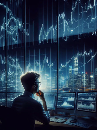 A trader seen from behind is thinking, the background is a monitors and the city, generative aiの素材