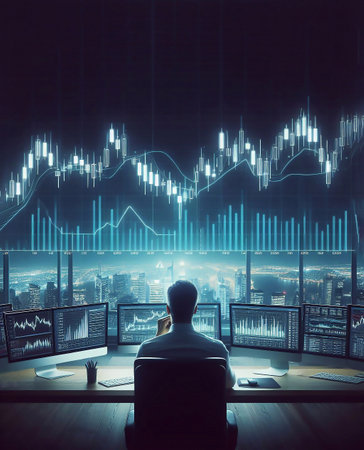 A trader seen from behind is thinking, the background is a monitors and the city, generative aiの素材