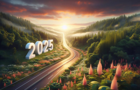 new year 2025, a picture of a highway in the middle of nature, copy space background ,generative aiの素材