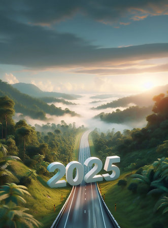new year 2025, a picture of a highway in the middle of nature, copy space background ,generative aiの素材