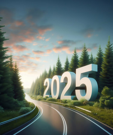 new year 2025, a picture of a highway in the middle of nature, copy space background ,generative aiの素材