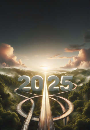 new year 2025, a picture of a highway in the middle of nature, copy space background ,generative aiの素材