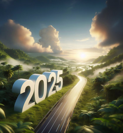 new year 2025, a picture of a highway in the middle of nature, copy space background ,generative aiの素材