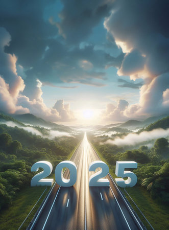 new year 2025, a picture of a highway in the middle of nature, copy space background ,generative aiの素材