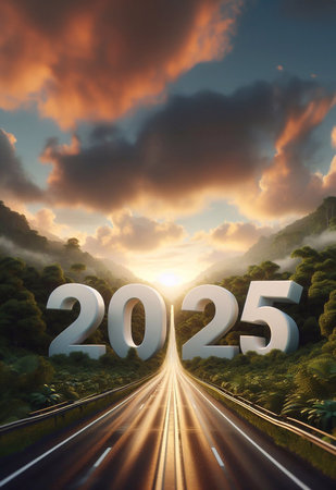new year 2025, a picture of a highway in the middle of nature, copy space background ,generative aiの素材