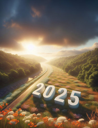 new year 2025, a picture of a highway in the middle of nature, copy space background ,generative aiの素材