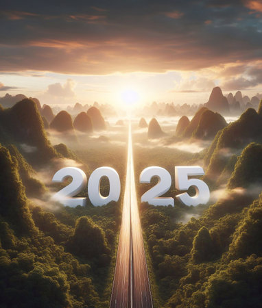 new year 2025, a picture of a highway in the middle of nature, copy space background ,generative aiの素材