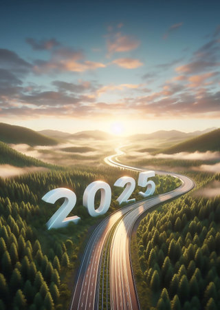 new year 2025, a picture of a highway in the middle of nature, copy space background ,generative aiの素材