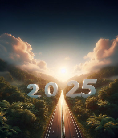 new year 2025, a picture of a highway in the middle of nature, copy space background ,generative aiの素材