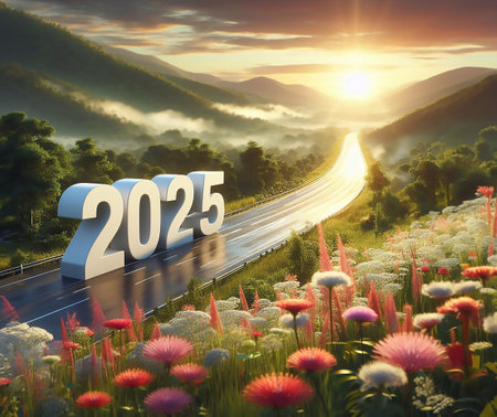 new year 2025, a picture of a highway in the middle of nature, copy space background ,generative aiの素材