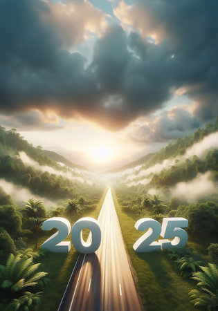 new year 2025, a picture of a highway in the middle of nature, copy space background ,generative aiの素材