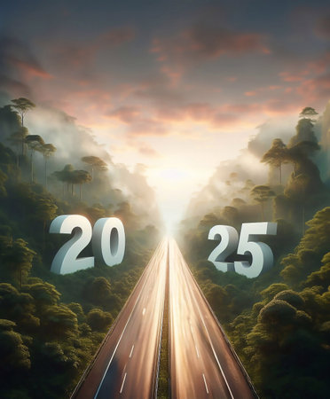 new year 2025, a picture of a highway in the middle of nature, copy space background ,generative aiの素材
