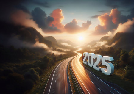 new year 2025, a picture of a highway in the middle of nature, copy space background ,generative aiの素材