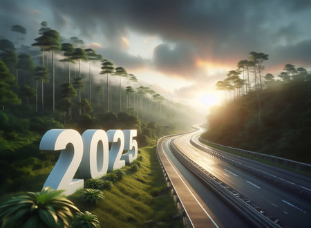 new year 2025, a picture of a highway in the middle of nature, copy space background ,generative aiの素材