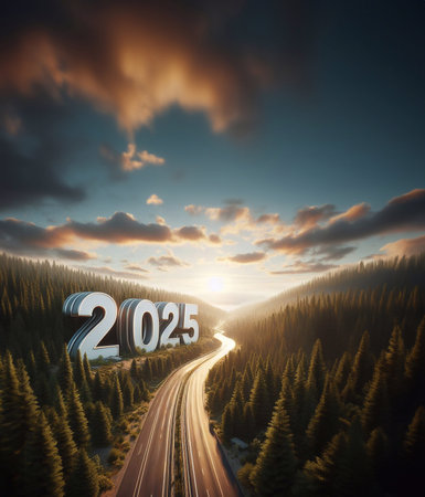 new year 2025, a picture of a highway in the middle of nature, copy space background ,generative aiの素材