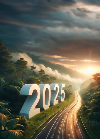 new year 2025, a picture of a highway in the middle of nature, copy space background ,generative aiの素材