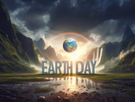 Solid letters EARTH DAY in the middle of a morning nature scenery generative aiの素材