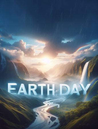 Solid letters EARTH DAY in the middle of a morning nature scenery generative aiの素材