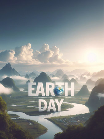 Solid letters EARTH DAY in the middle of a morning nature scenery generative aiの素材