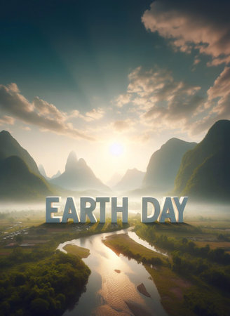Solid letters EARTH DAY in the middle of a morning nature scenery generative aiの素材