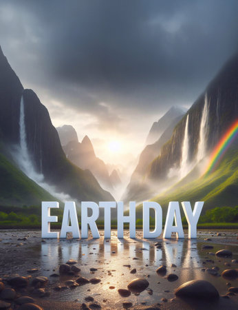 Solid letters EARTH DAY in the middle of a morning nature scenery generative aiの素材