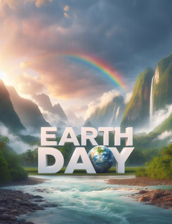 Solid letters EARTH DAY in the middle of a morning nature scenery generative aiの素材
