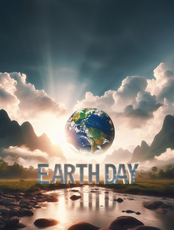 Solid letters EARTH DAY in the middle of a morning nature scenery generative aiの素材
