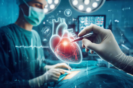 doctor performing surgery using holographic graphics in the operating room. generative ai  artの素材