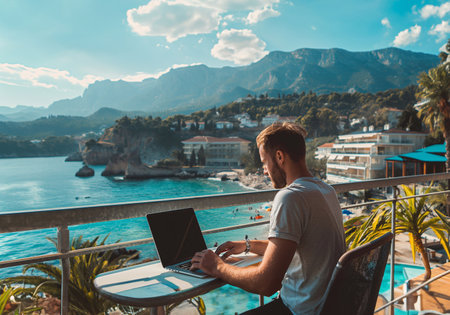 Digital nomad with laptop working on seaside terrace generative aiの素材