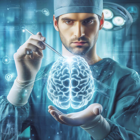 doctor performing surgery using holographic graphics in the operating room. generative ai  artの素材
