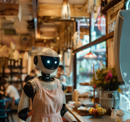 a humanoid robot wearing an apron as a human assistant.generative aiの素材