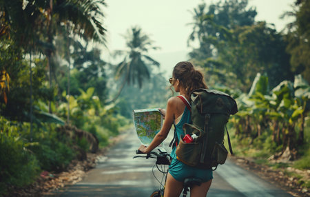 Tourist with beautiful tourist attractions, backpacker, road trip by bicycle, eco-tourism, travel generative aiの素材