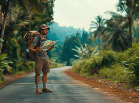 Tourist with beautiful tourist attractions, backpacker, road trip by bicycle, eco-tourism, travel generative aiの素材