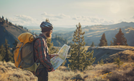 Tourist with beautiful tourist attractions, backpacker, road trip by bicycle, eco-tourism, travel generative aiの素材