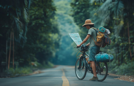 Tourist with beautiful tourist attractions, backpacker, road trip by bicycle, eco-tourism, travel generative aiの素材