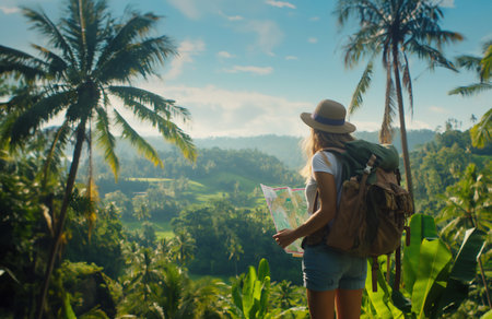 Tourist with beautiful tourist attractions, backpacker, road trip by bicycle, eco-tourism, travel generative aiの素材