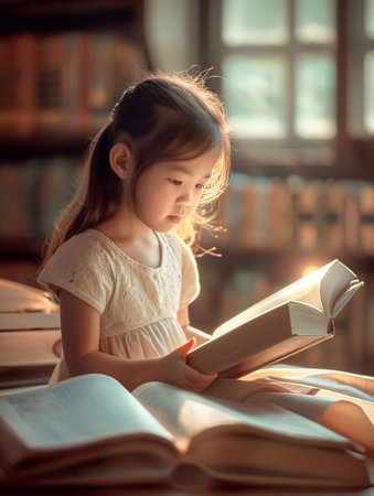 Children reading books in the library with beautiful lights generative ai illustrationの素材