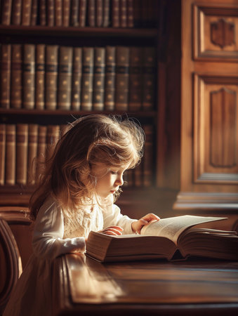 Children reading books in the library with beautiful lights generative ai illustrationの素材