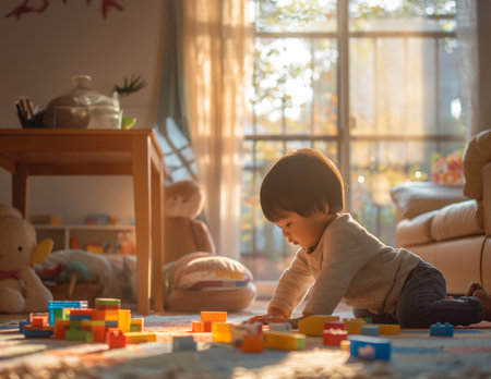 A child and their mother playing with toys in a cozy home generative aiの素材