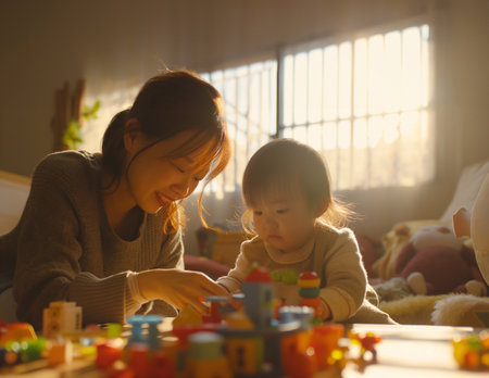 A child and their mother playing with toys in a cozy home generative aiの素材