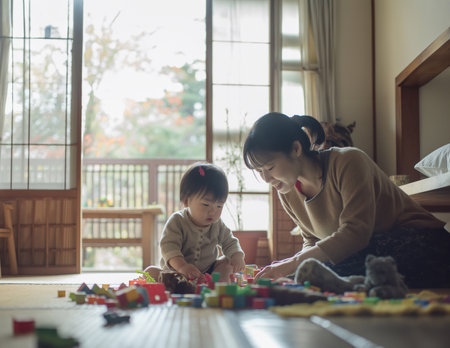 A child and their mother playing with toys in a cozy home generative aiの素材