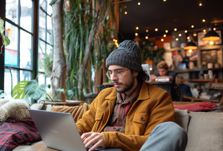 people use laptop In the Cafe, digital nomad generative aiの素材