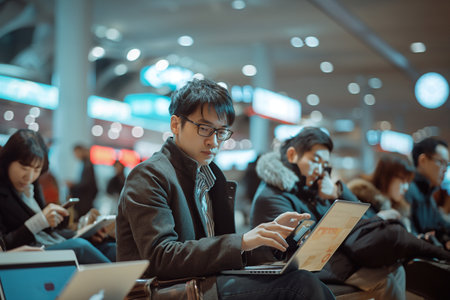 Young businesses and people, on communication: laptops, smartphones, and tablets. generative aiの素材