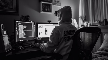 The scammer wears a hoodie in front of a computer generative ai