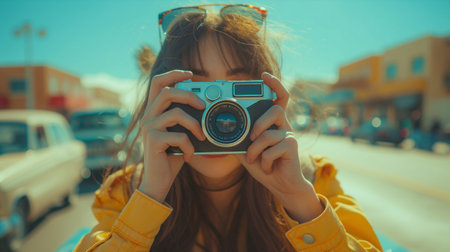 Young hipster girl with retro camera on the background of the cityの素材