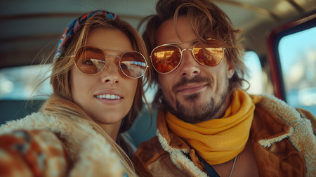 Portrait of happy couple in warm clothes and sunglasses looking at cameraの素材